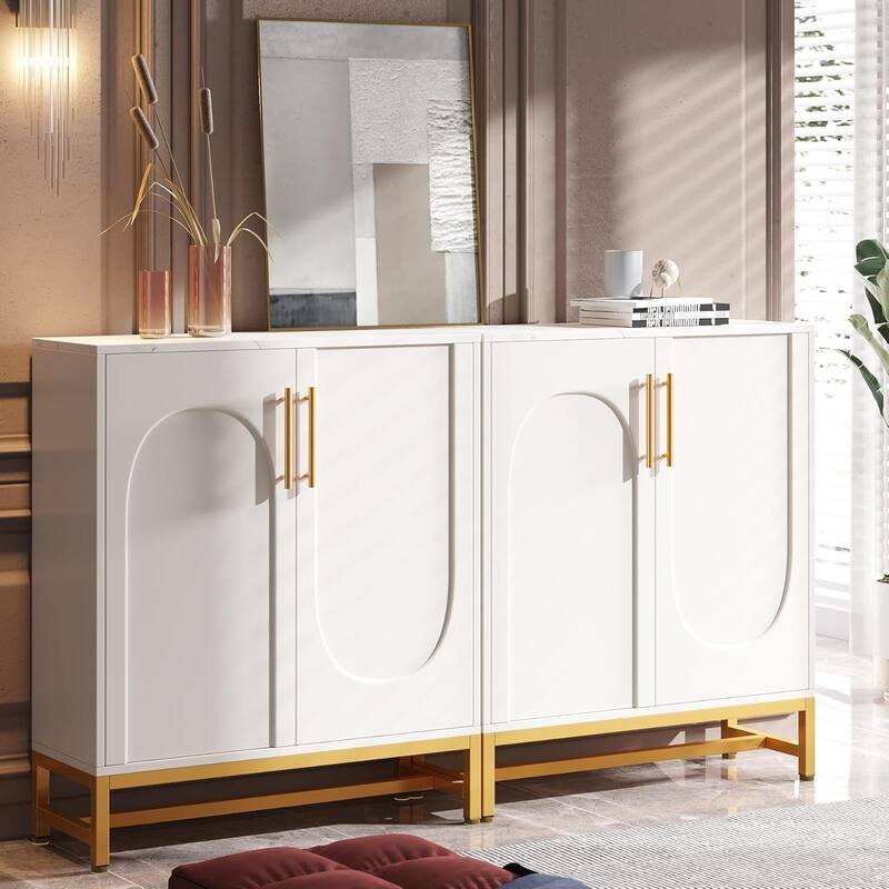 Modern Sideboard Buffet Cabinet with Faux Marble Top, 4-Door Storage with Adjustable Shelves for Kitchen Dining Room