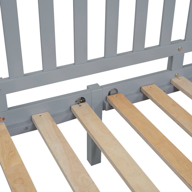 Full Size Wood Daybed with Fence Guardrails and 2 Drawers, Converts to Floor Bed or Daybed, Gray