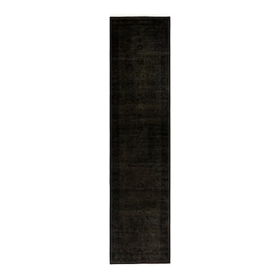 Overton Hand Knotted Wool Vintage Inspired Modern Contemporary Overdyed Black Runner Rug - 3' 2" x 13' 6"