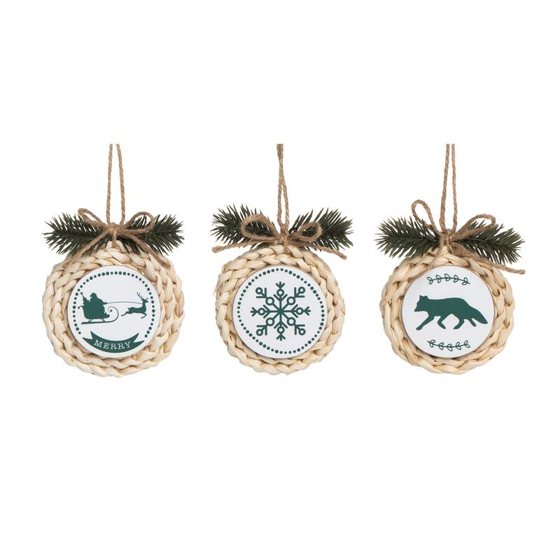 Transpac Grass Woven Icon Ornament Set of 3 Christmas Home Decorations - Multicolor