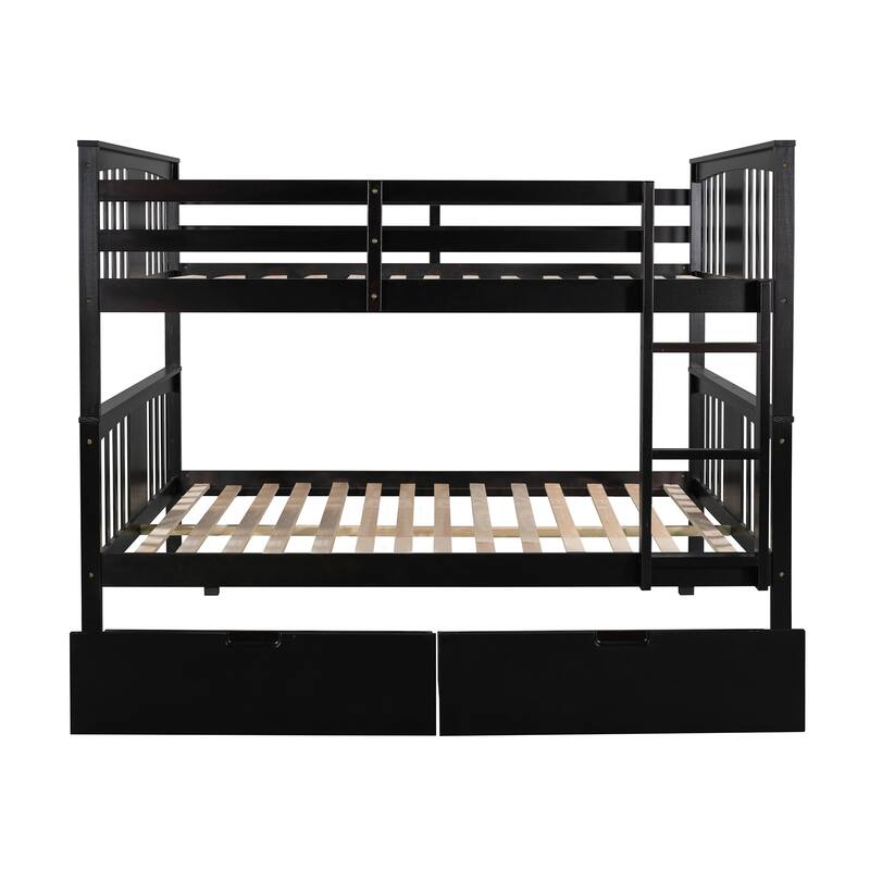 Full Pine Bunk Bed with Drawers, Ladder, and Headboard, Convertible to Two Beds