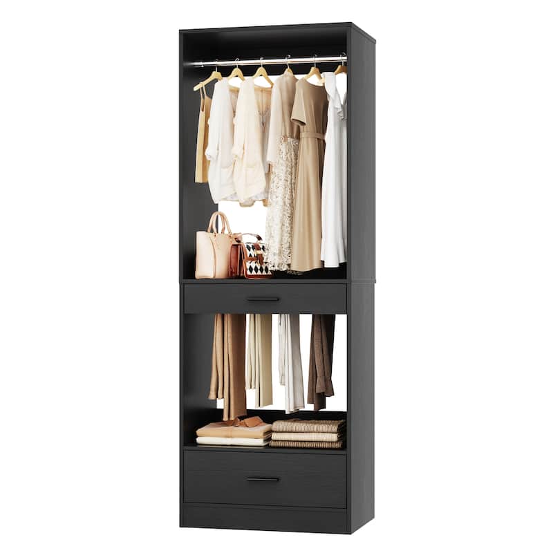 Qvella 23.6'' W Closet System with Hanging Rods and Wooden Drawers, Modular Walk-In Closet Organizer with Pants Rack