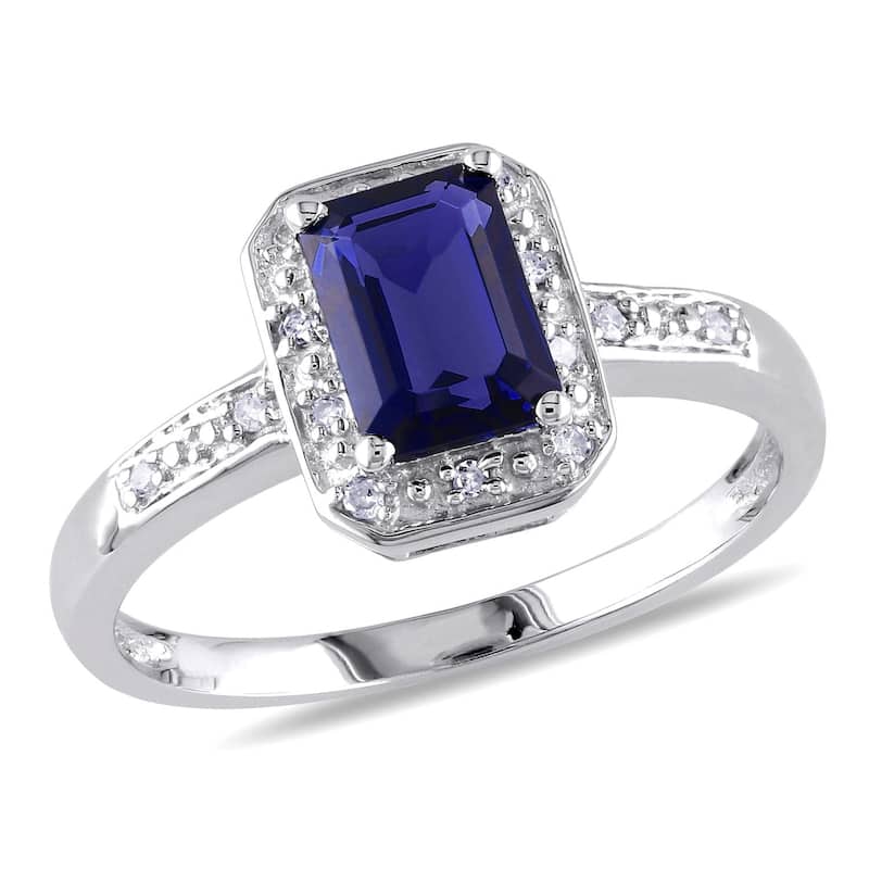 Miadora Sterling Silver Emerald-cut Created Sapphire and Diamond Ring