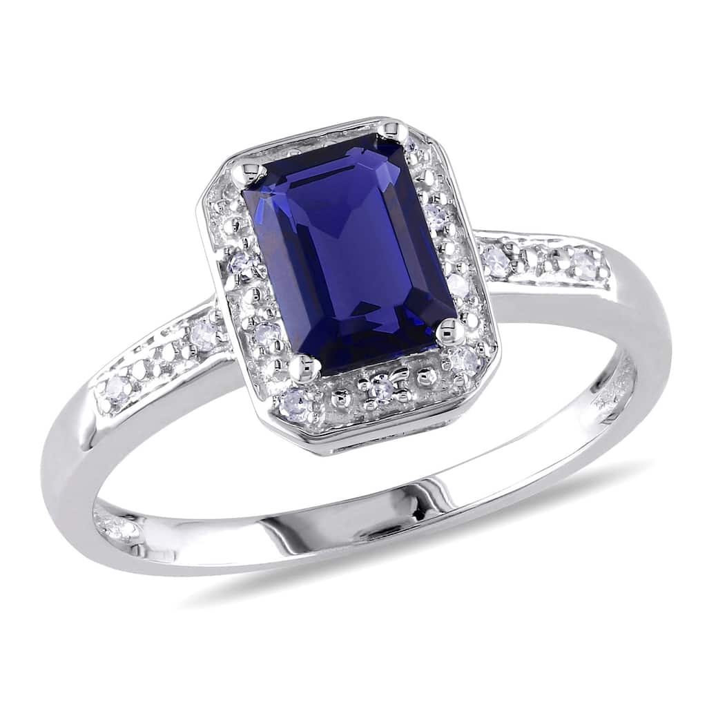 Miadora Sterling Silver Emerald-cut Created Sapphire and Diamond Ring