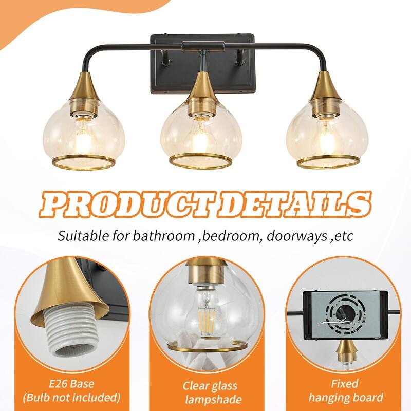 Modern Black and Gold Vanity Wall Sconce with Clear Glass Shades Industrial Bathroom Light Fixture (Bulb Not Included)