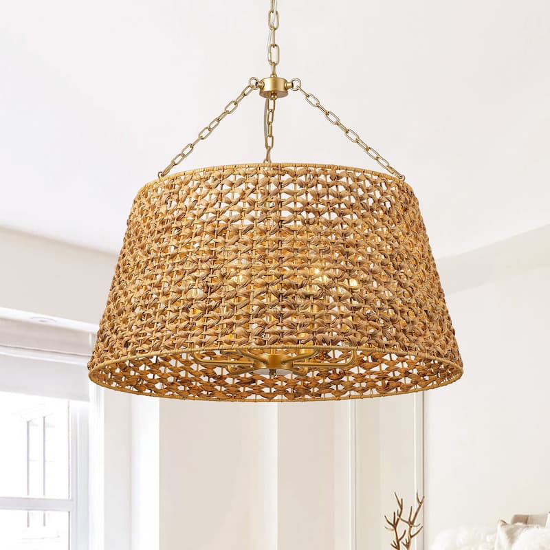 Farmhouse Painted Gold 6-Light Unique Hand Woven Oversize Pendant Lighting Fixture