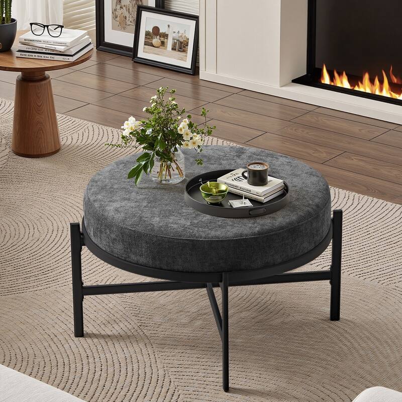 Chenille Fabric Round Ottoman, Coffee Table Bench with Metal Legs - Dark Grey