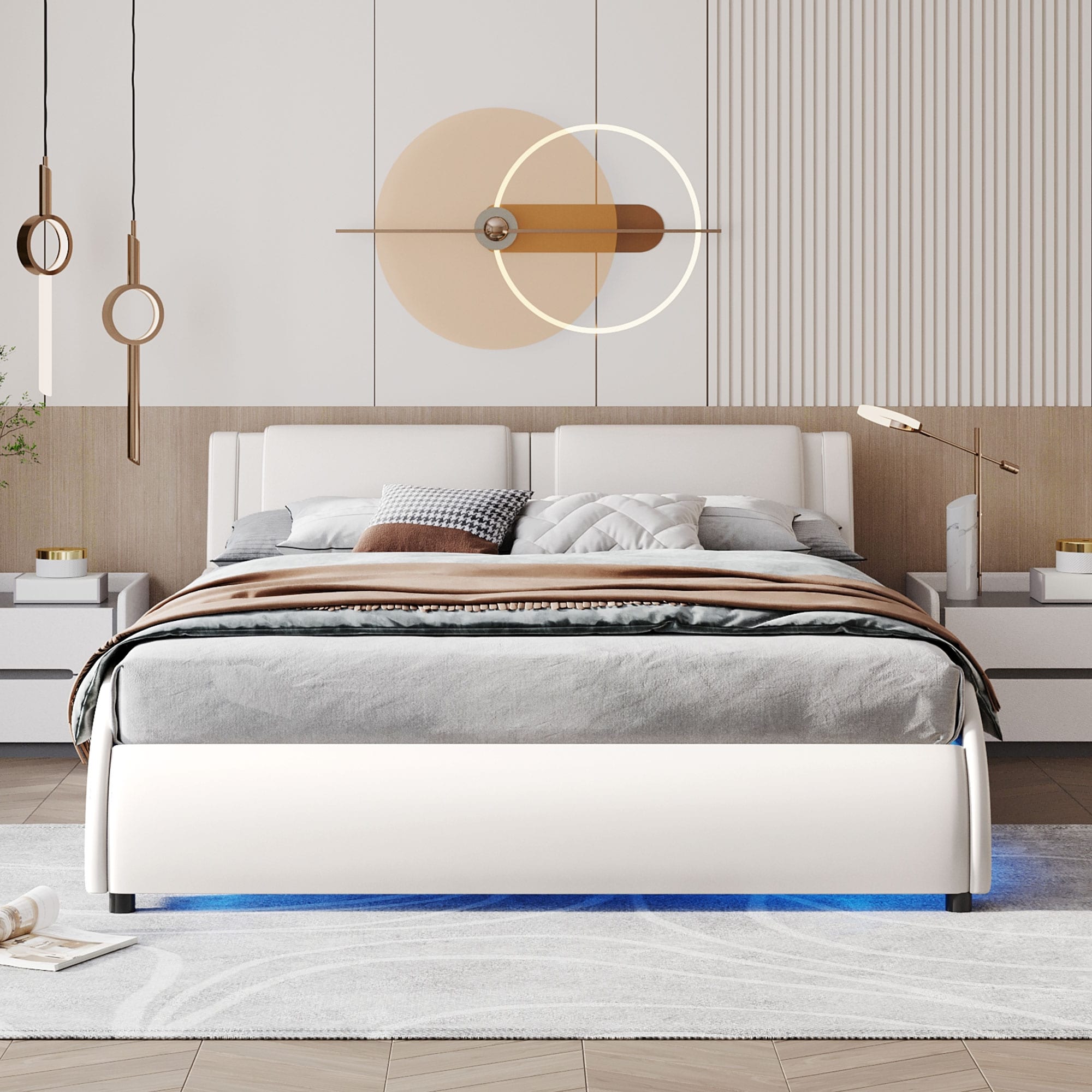 White Queen Faux Leather LED Platform Bed Frame