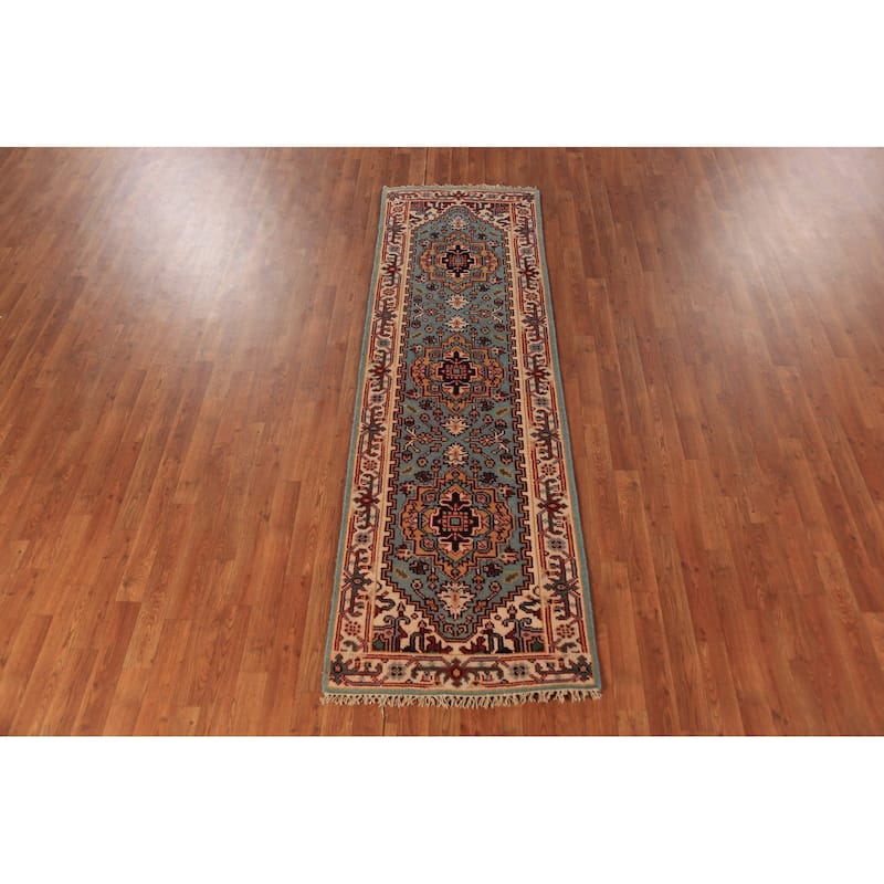 Light Blue Heriz Serapi Indian Runner Rug Hand-Knotted Wool Carpet - 2'5"x 8'0"
