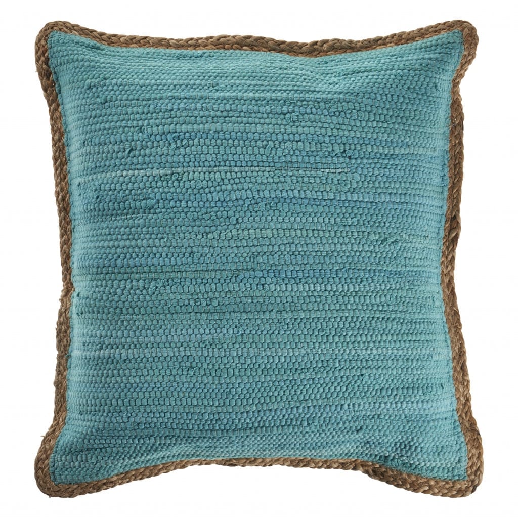 HomeRoots 20" X 20" Turquoise Blue And Tan 100% Cotton Zippered Pillow