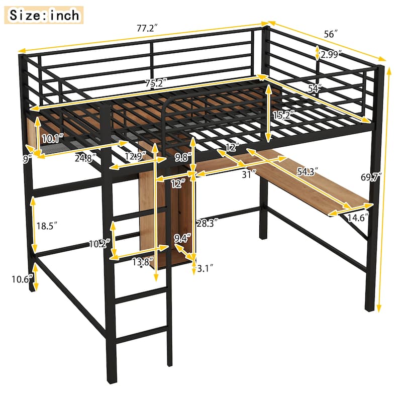 Full Size Metal & Wood Loft Bed with L -Shaped Desk and Shelves
