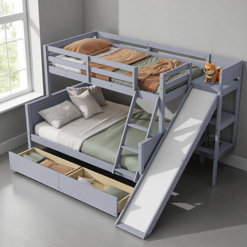 Twin Over Full Rubber Wood Bunk Bed with Slide, 2 Drawers, Shelves and Ladder, Solid Wood Bunk Bed for Kids