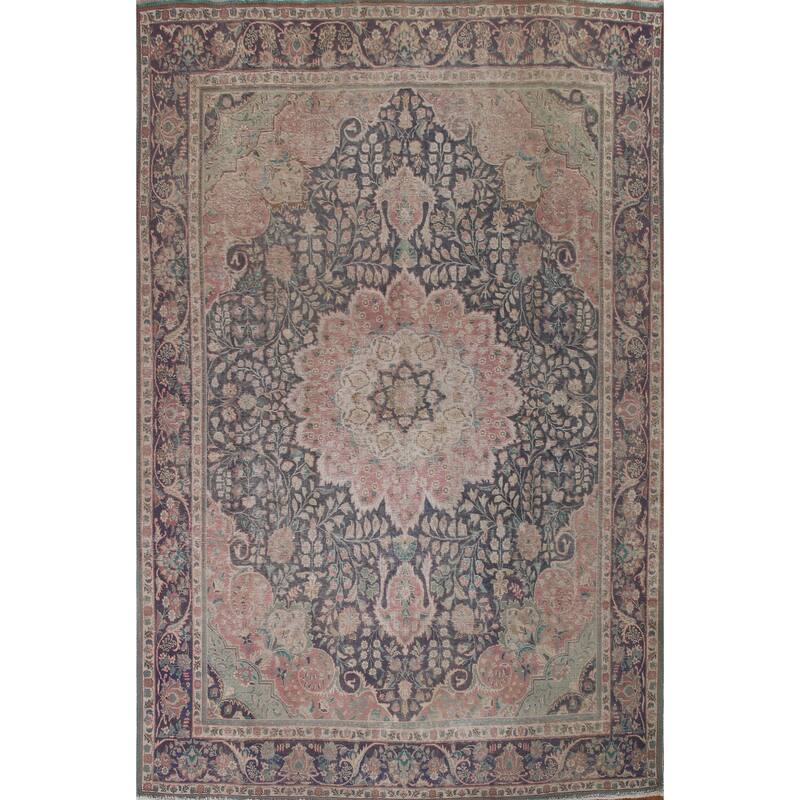 Distressed Tabriz Persian Antique Area Rug Handmade Wool Carpet - 9'9" x 12'8"