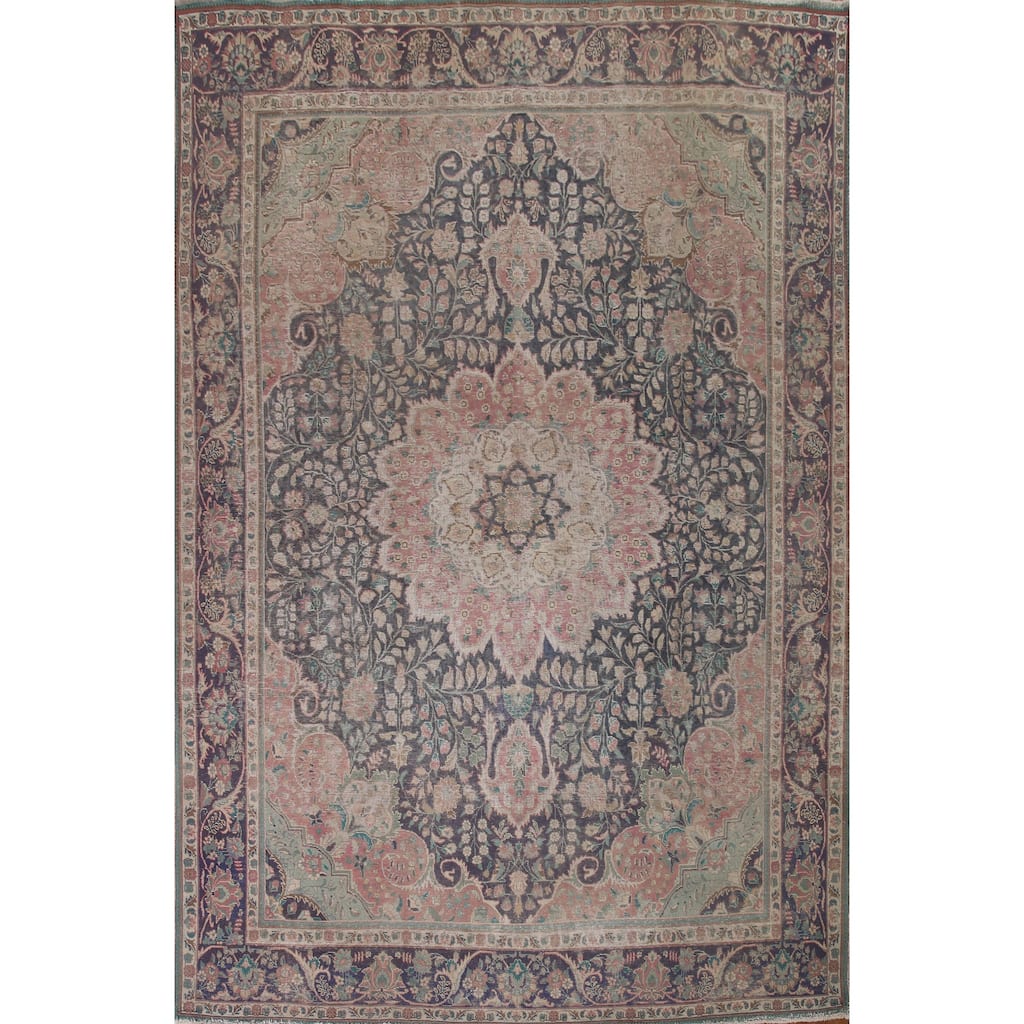 Distressed Tabriz Persian Antique Area Rug Handmade Wool Carpet - 9'9" x 12'8"