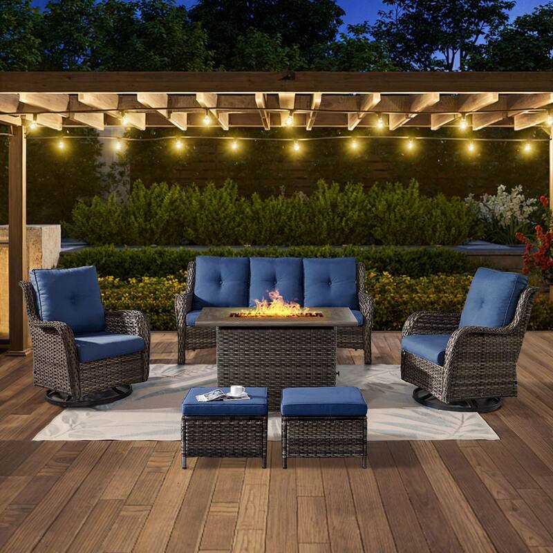 Gymojoy 6-Piece Outdoor Wicker Patio Furniture with Fire Pit Table, Rattan Coversation Set with Water Resistant Thick Cushions