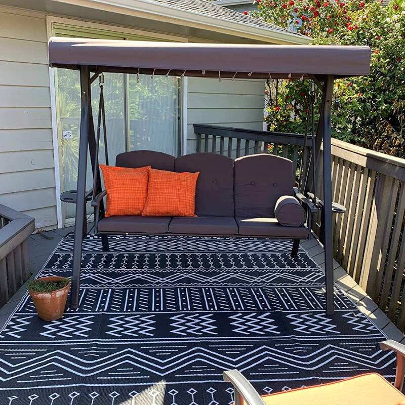 PURPLE LEAF Outdoor Patio Porch Swing with Stand, 3-seat Swing Chair with Adjustable Tilt Canopy All-Weather Steel Frame