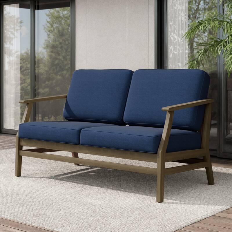 Teak Outdoor Patio Club Chairs Loveseat with Cushions - Natural Wood - Loveseat/Navy