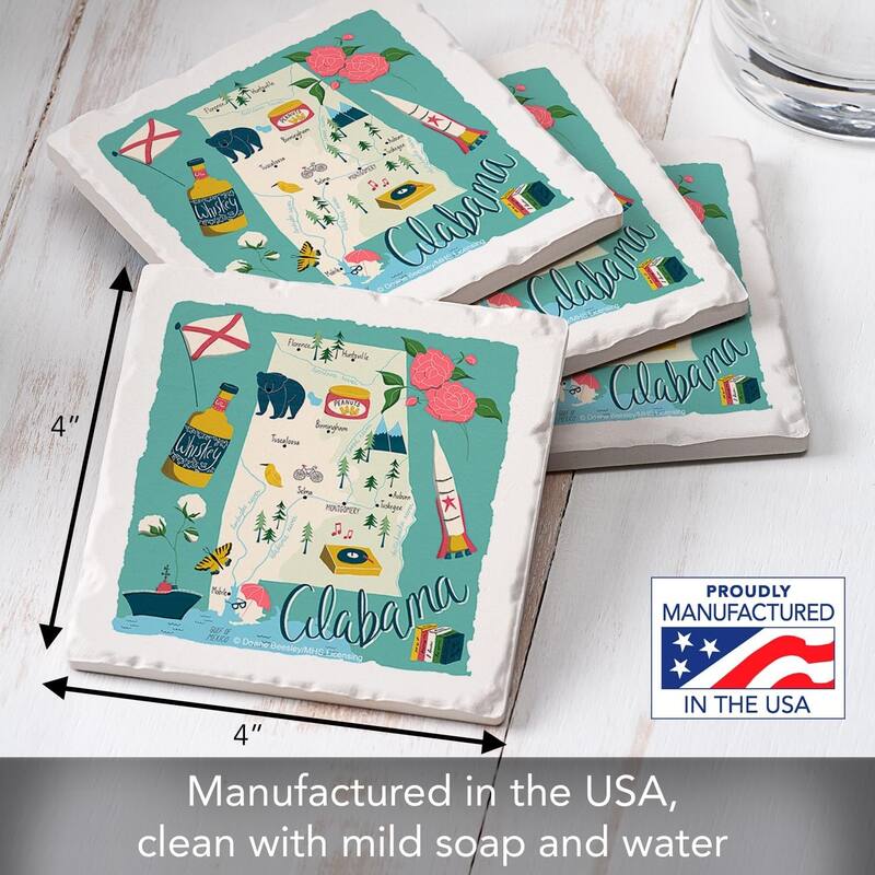 Alabama Home 4-Pack Absorbent Stone Coasters with Protective Cork Backing 4" Square Manufactured in The USA Easily Wipes Clean