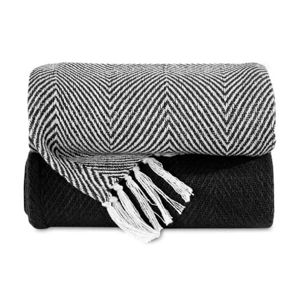 slide 2 of 4, Cotton Throw Blankets All-Season Medium Weight | Set of 2 | Chevron Design (50''x60'') Black