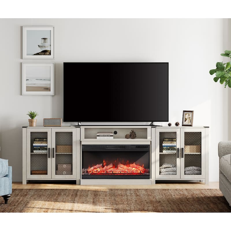 Rustic Wood Fireplace TV Stand with Mesh Barn Doors for Living Room - Rustic White