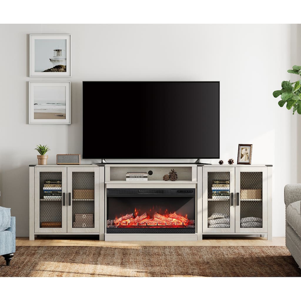 Rustic Wood Fireplace TV Stand with Mesh Barn Doors for Living Room