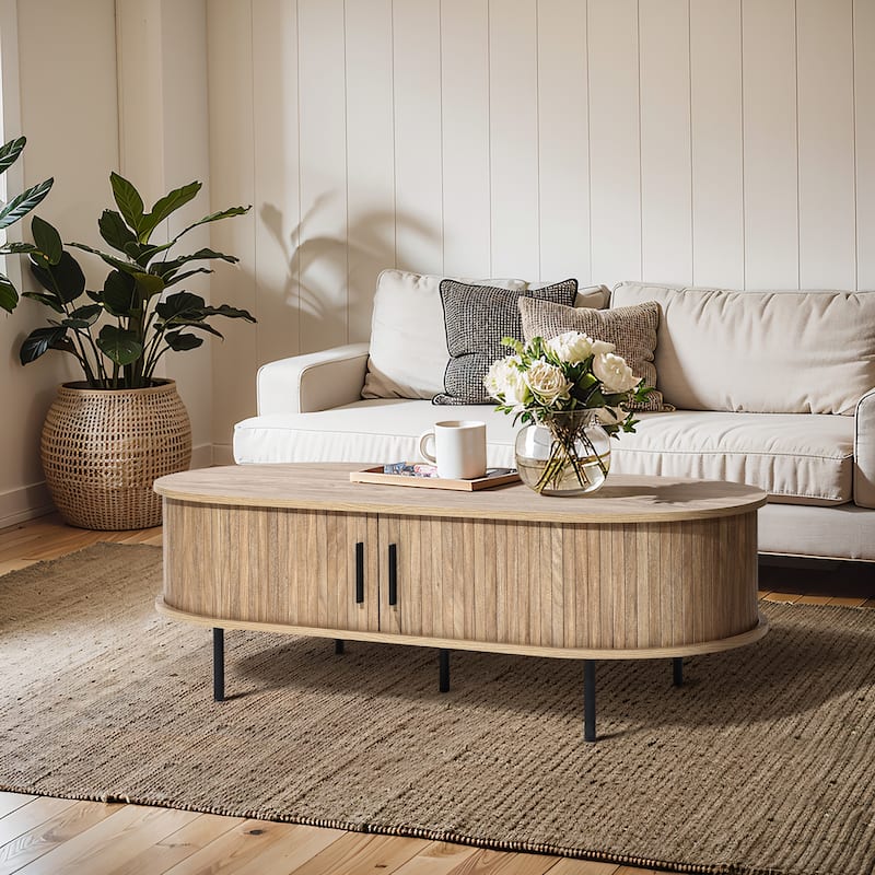Mid-Century Modern Coffee Table with Storage and Slatted Sliding Doors - 15.7" H x 47.2" W x 23.6" D