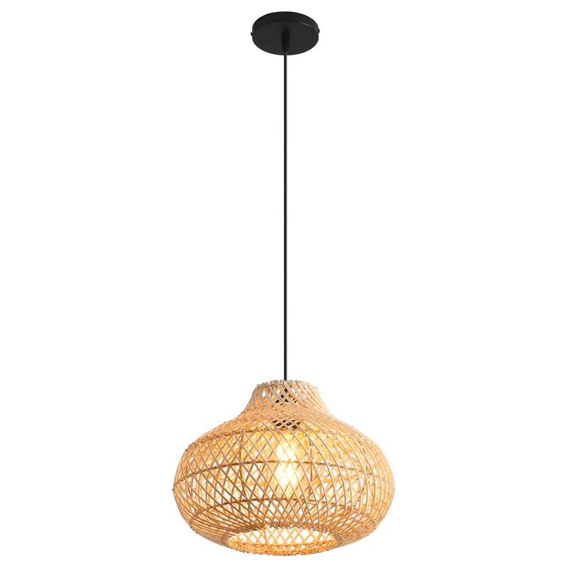 1-Light Boho Brown Rattan Hand-Woven Cloche Hanging Basket Pendant Light - 18.9" W x 59" H