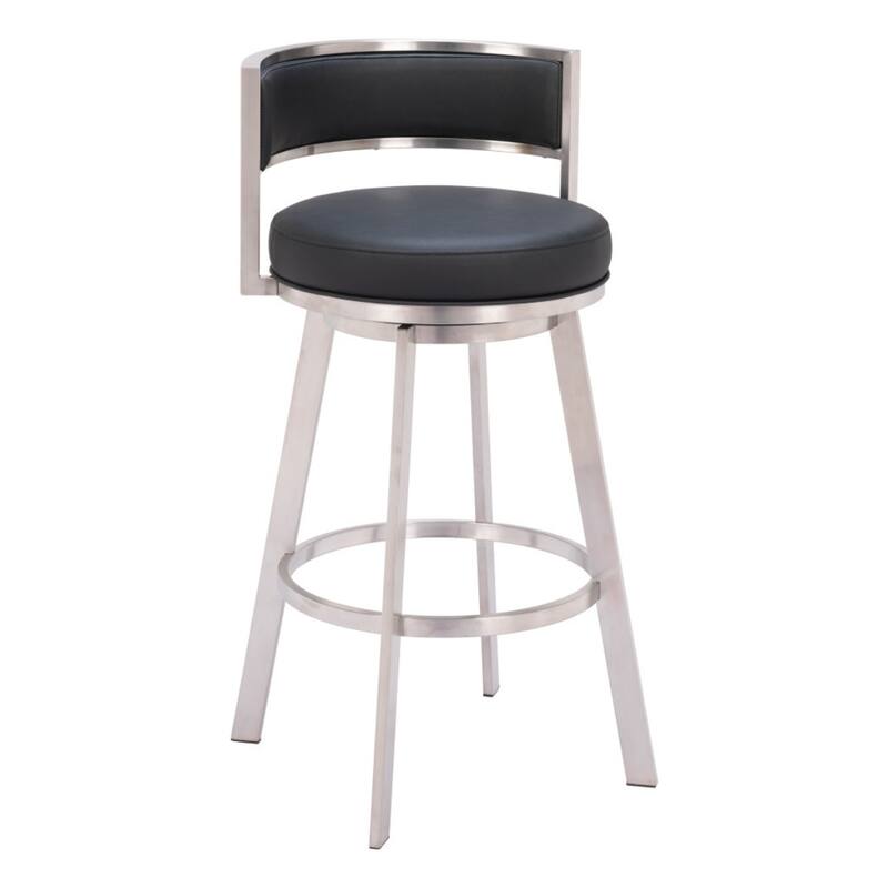 Modern 31-Inch Black & Silver Swivel Bar Stool – Faux Leather Low Back Bucket Seat with Footrest - 20.1" x 20.1" x 38.2"