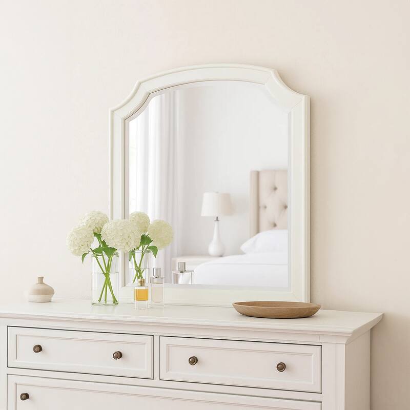 Kyna Dresser Mirror, Beveled Glass, Classic Antique White Solid Wood, 40x42