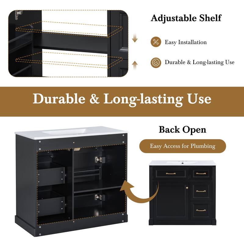 36 Inch Bathroom Vanity with Sink, Floor Mount Bathroom Storage Cabinet with Ceramic Basin