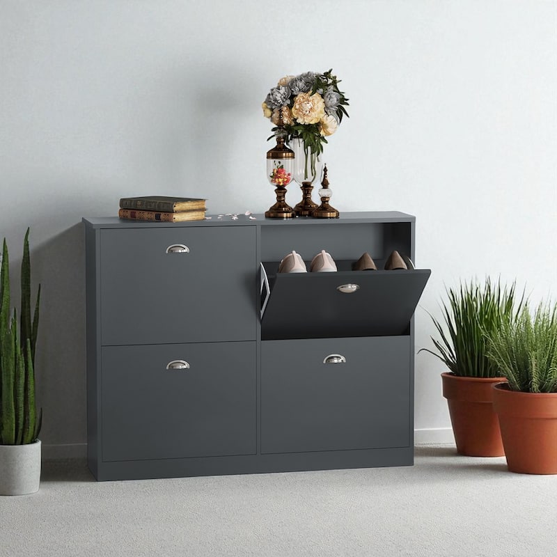 Slim Hidden Shoe Cabinet with 4 Flip Drawers, Narrow Entryway Shoe Rack, Adjustable Dividers, Original Wood Finish