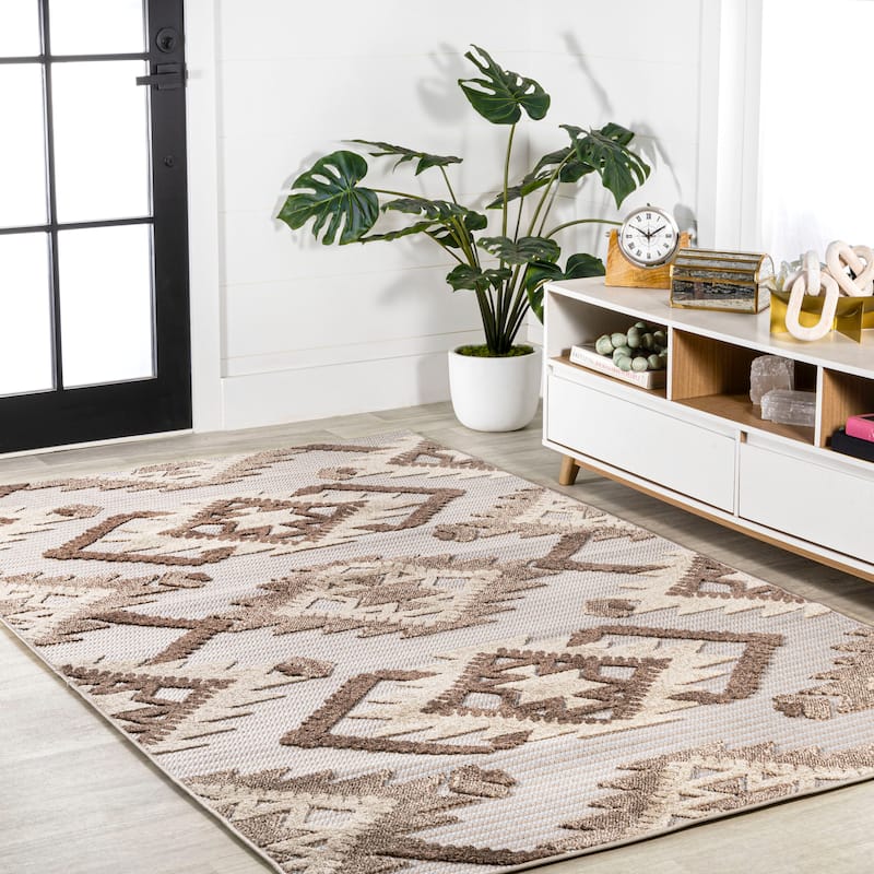 JONATHAN Y Duwun High-Low Pile Neutral Diamond Kilim Indoor/Outdoor Area Rug