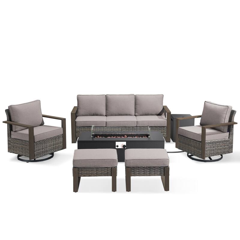 Pocassy Outdoor Sofa Swivel Chair Ottoman w/ 43" Fire Pit Set