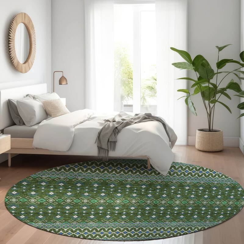Machine Washable Indoor/ Outdoor Chantille Boho Morrocan Rug - Olive - 8' x 8'