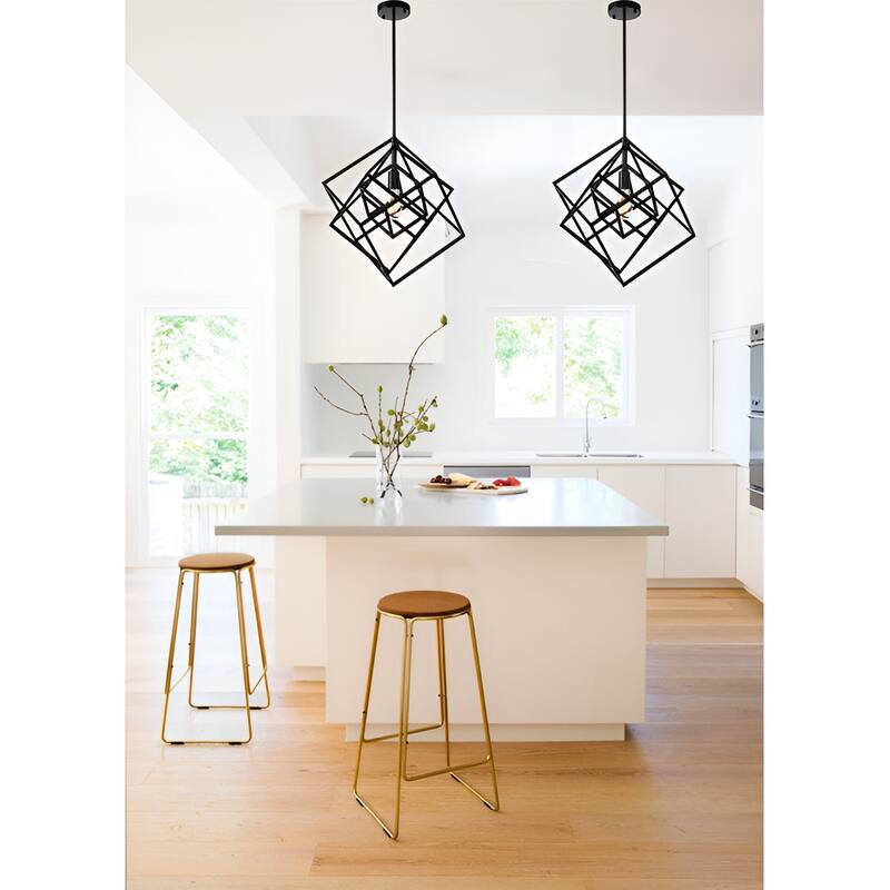 1 Light 20 inch Geometric Black Pendant Lamp Multifaceted Open Cage Frame