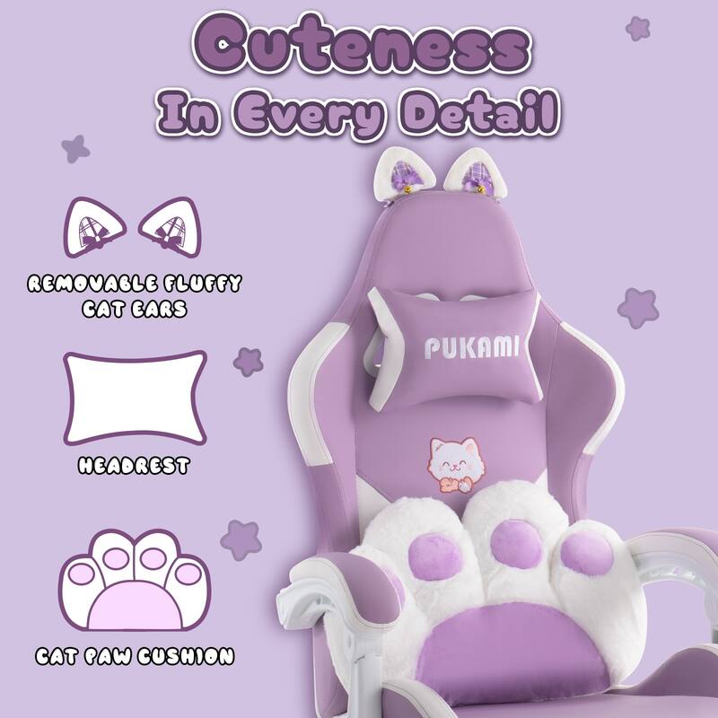 BOSSIN Gaming Chair with Cat Ears and Cat Paw Cushion Pillow,Cute Kawaii Reclining Computer Chair for Girl with Footrest
