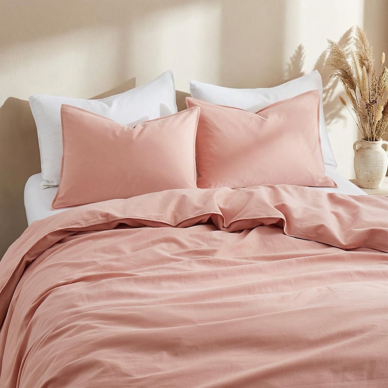Linen Cotton Duvet Cover and Pillow Sham Set, Breathable and Skin-Friendly Bedding Set - King - Pink