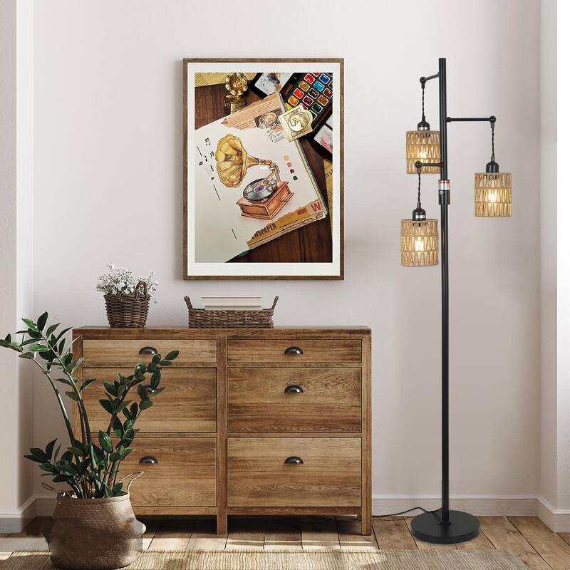 Natural Rattan Shade Floor Lamp with Reinforced Base