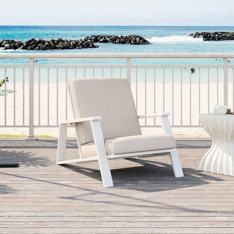 Outdoor Patio Lounge Chair‌ – Wood Frame Club Chair with Plush Cushion, Ideal for Decks & Gardens - Beige+White