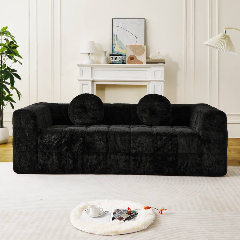 84.6-inch Modern Boneless Couch with Two Circular throw pillows, Skin-friendly lychee-textured long-pile polyester fabric