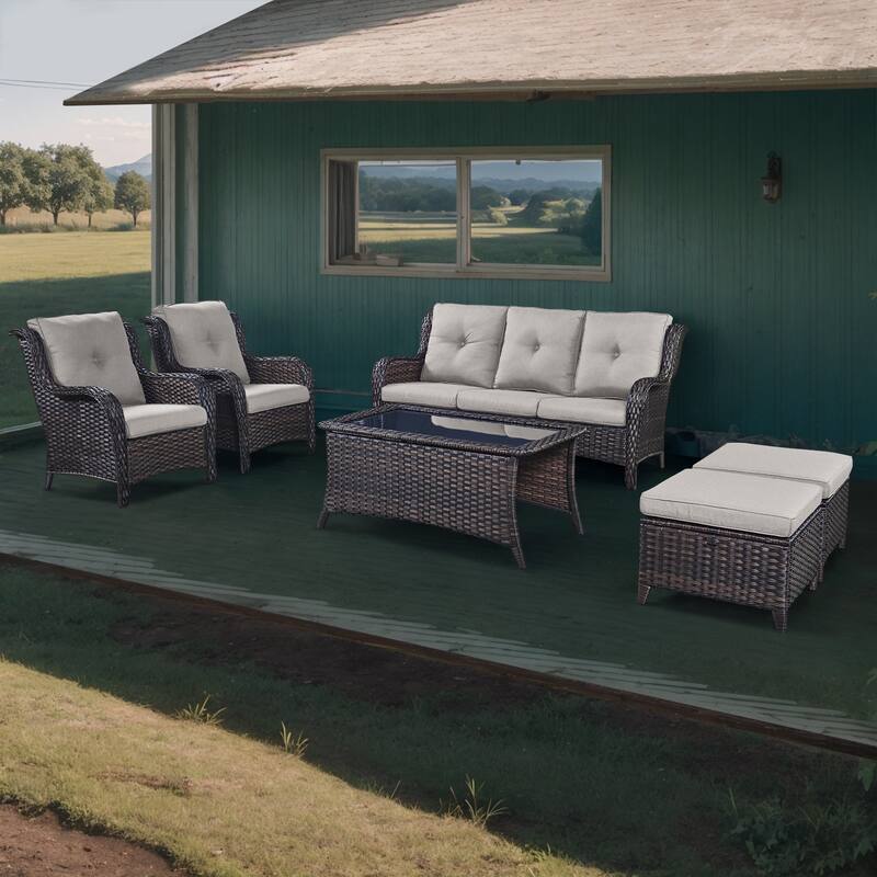 Gymojoy 6-Piece Patio Furniture Sofa Chair Ottoman - Brown - Beige
