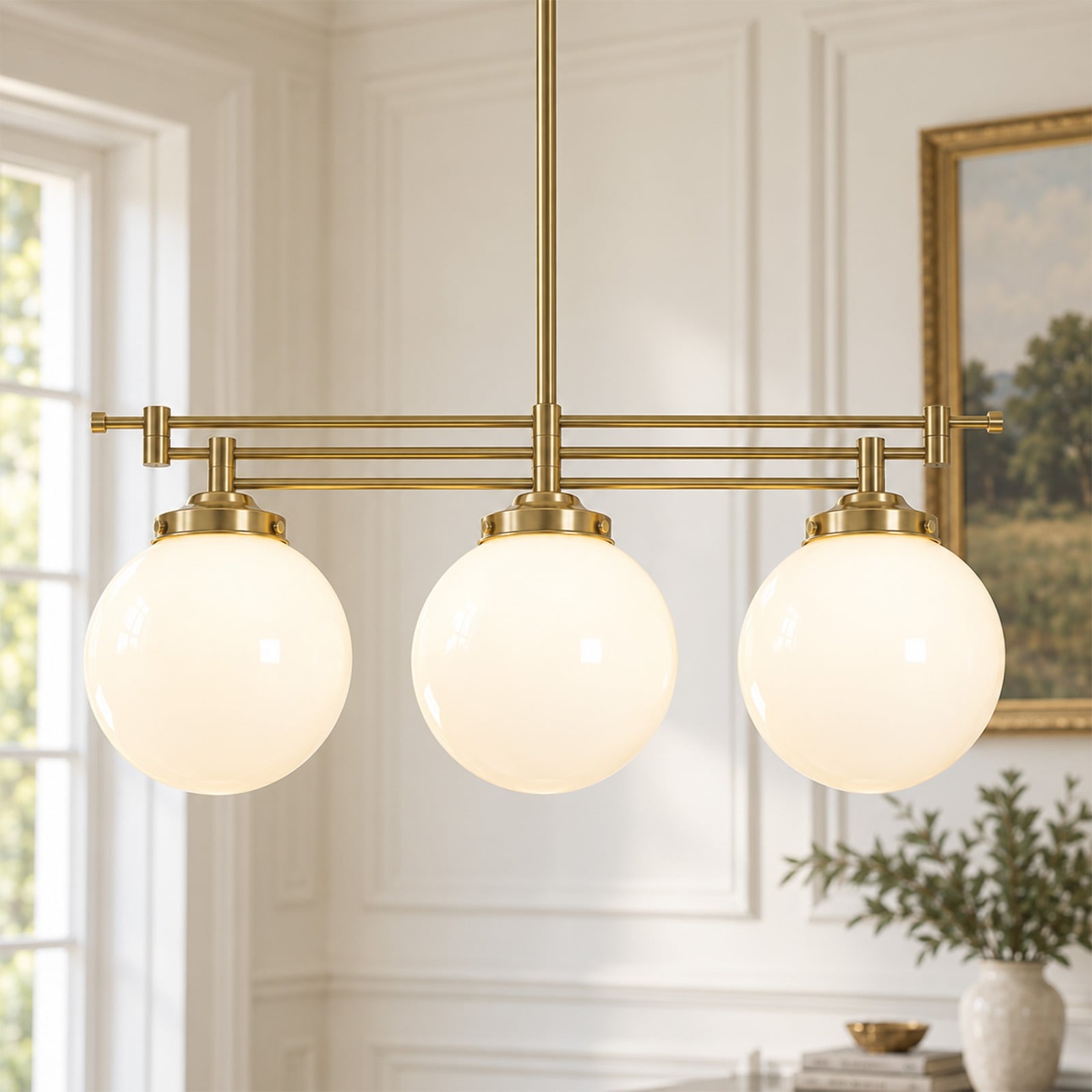 Rennnsan 3-Light Linear Globe Pendant Light with Opal Glass Shades for Kitchen Island Dining Room - 26.9" L x 7.9" W x 11.4" H