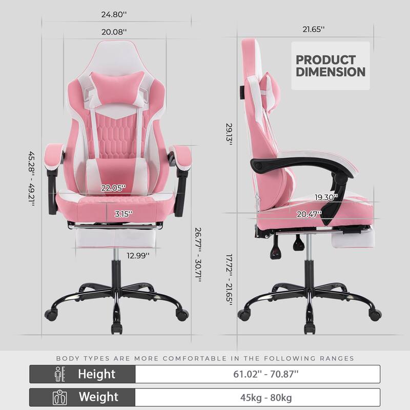 PVC Leather Gaming Chair with Footrest, Adjustable Headrest and Lumbar Support