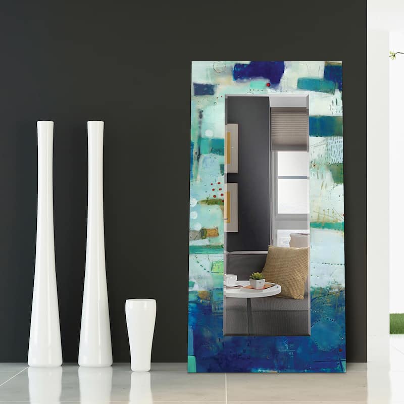 Frameless Beveled Wall Mirror with Blue Printed Edges - 36" x 72" - 36" x 72"