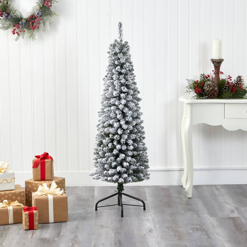 5’ Pencil Flocked Artificial Christmas Tree, Unlit - 5 Foot