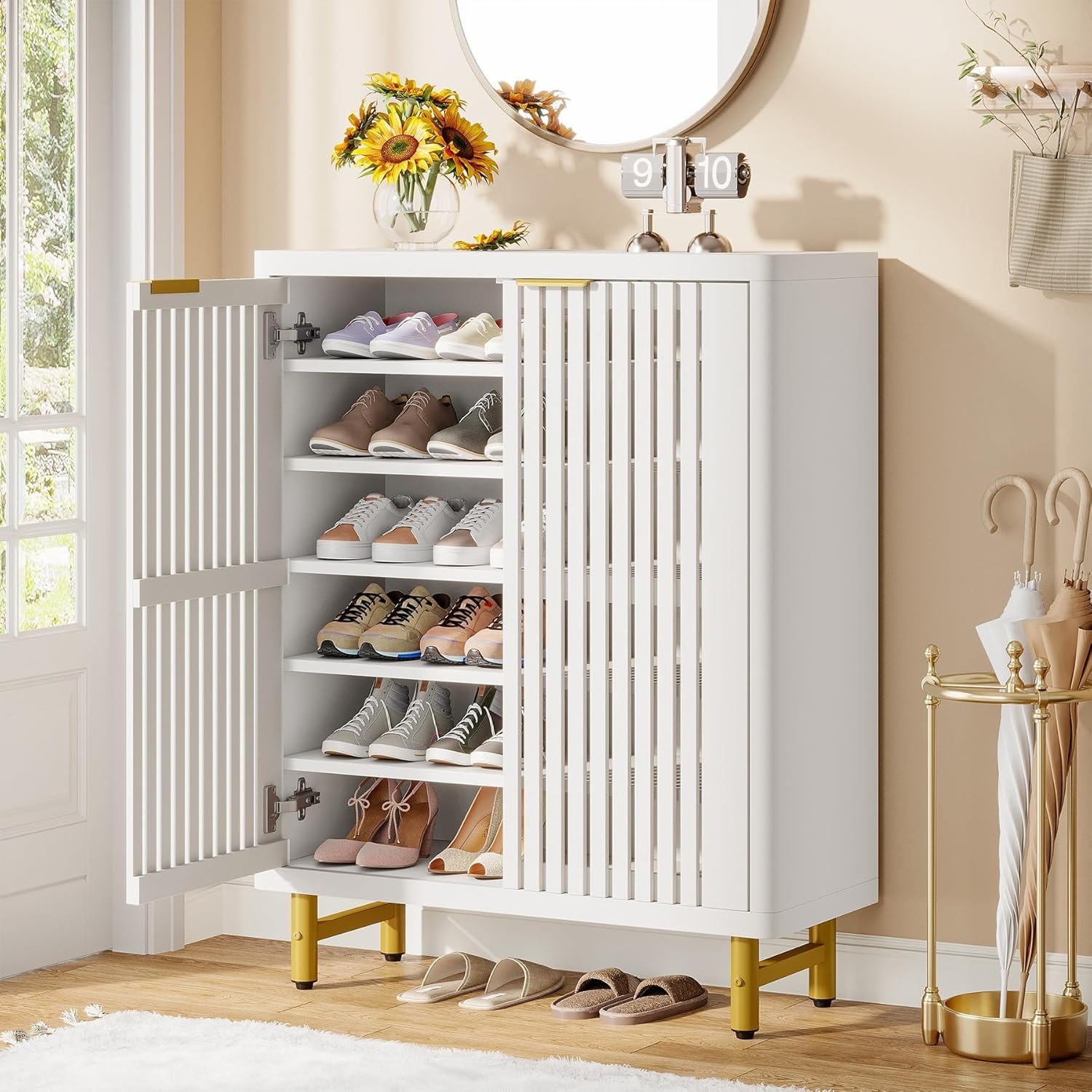 Wooden Shoe Cabinet with Shutter Doors, Adjustable Shelves Large Hidden Storage Organizer Rack for Entryway Hallway