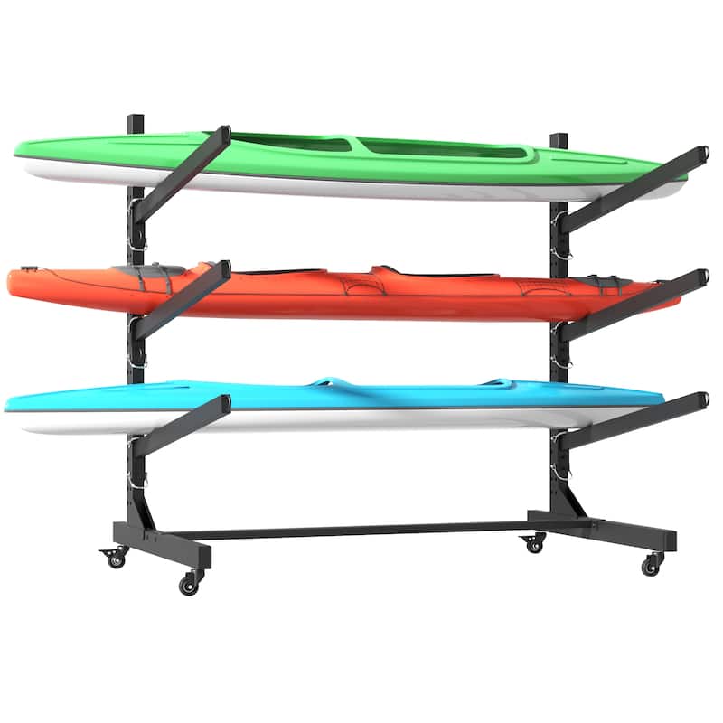 41"H Freestanding Kayak Storage Rack - Holds 3 Kayaks, Heavy-Duty Adjustable Stand with Lockable Wheels for Kayak, Canoe