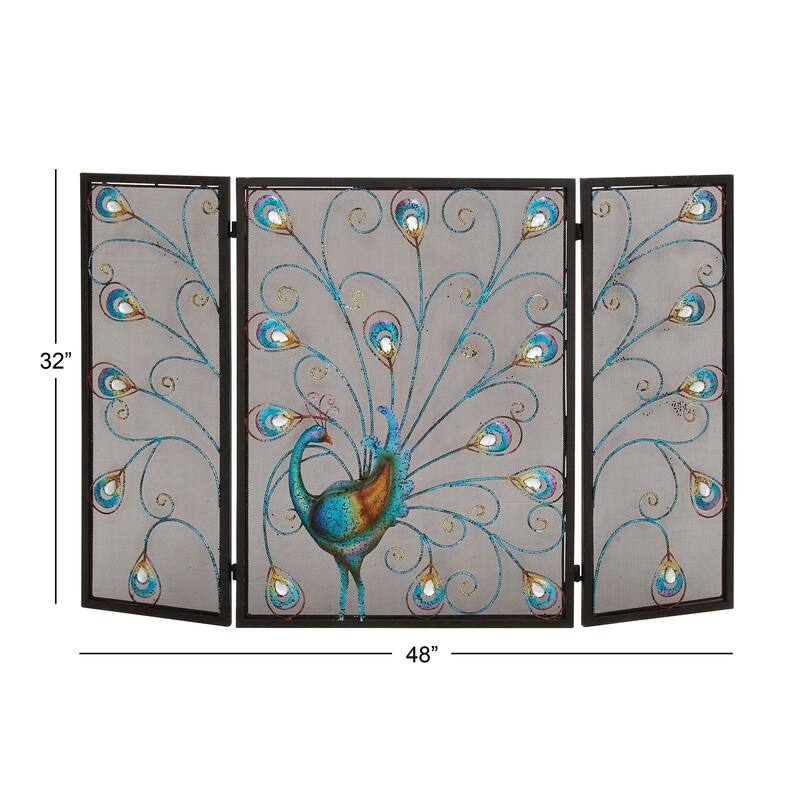 Metal Peacock Rainbow 3 Panel Fireplace Screen with Crystal Accents and Black Frame - Blue - Roche River Decor - 1"Wx48"Lx32"H