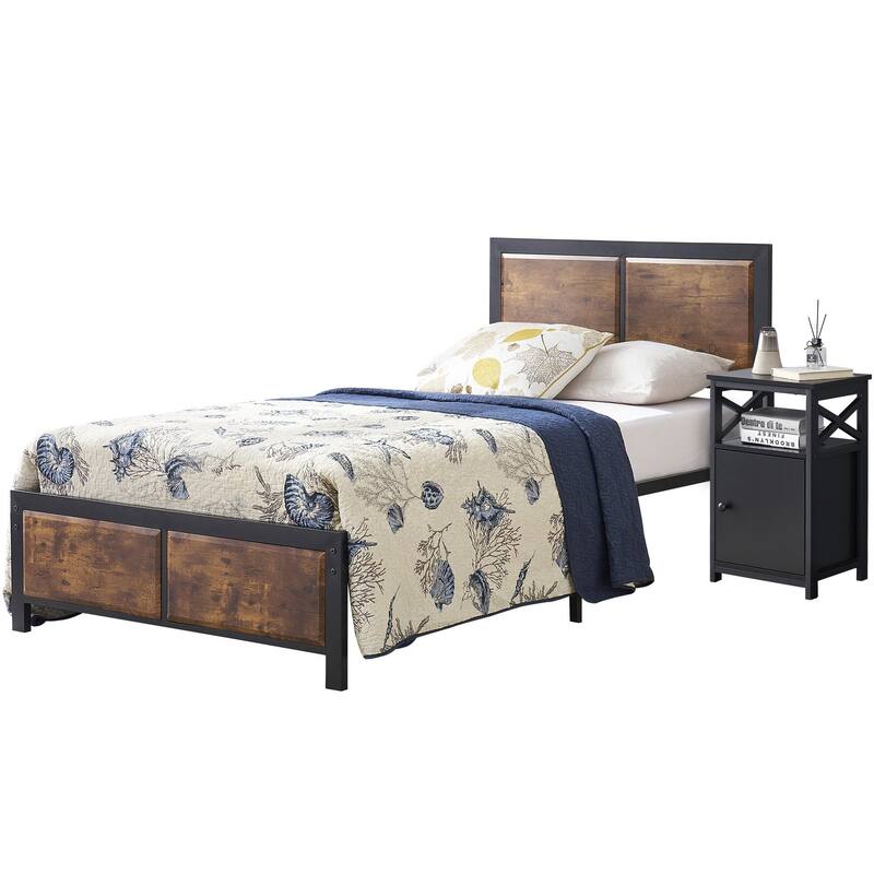 Taomika Industrial 3-pieces Bed with Wood Headboard and Nightstand Set - Black - Twin