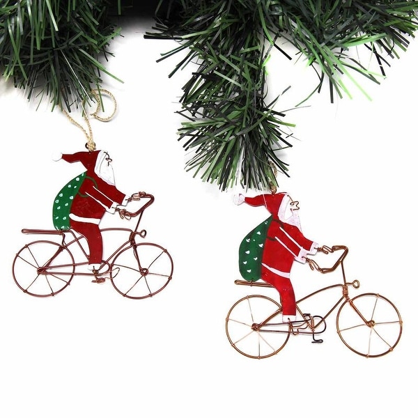 Handmade Recycled Wire Bike Riding Santa Ornament, Set of 2. Opens flyout.